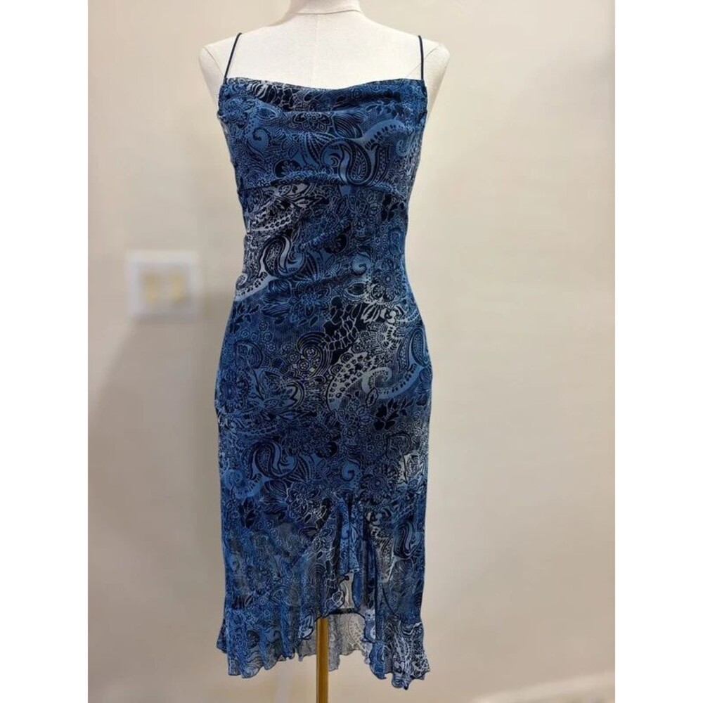 Vintage Y2K City Triangles Blue Paisley Mesh Midi Dress Fairy Whimsigoth S
